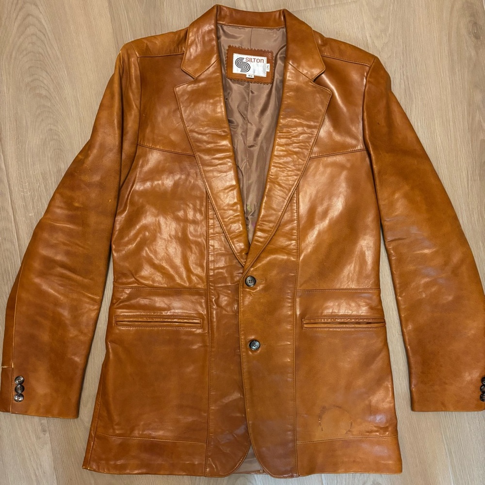 Vintage 1970s Silton Leather Jacket Cognac Tan Brown 40 Long Wide Lapel Collar